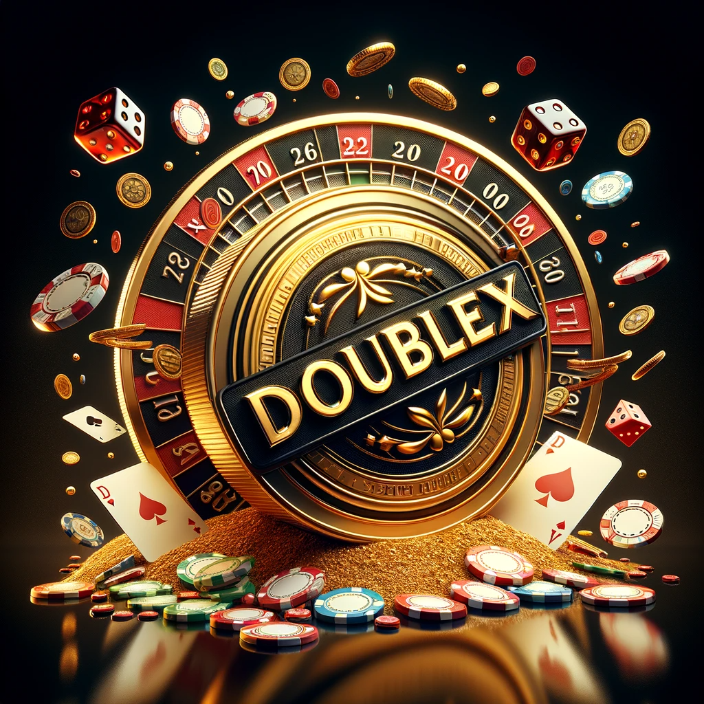 DALL·E 2023-11-28 15.35.15 - An enhanced 3D image with a golden casino coin against a black background, featuring the word 'DOUBLEX' more prominently. The logo is larger and more