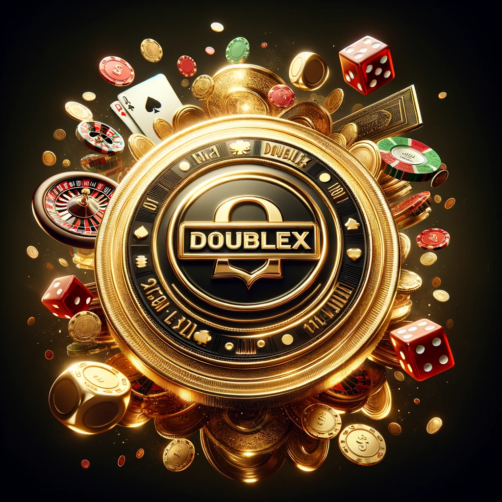 DALL·E 2023-11-28 15.38.10 - A variation of the 3D image with the golden casino coin against a black background, where the 'DOUBLEX' logo is even more prominent and striking. The